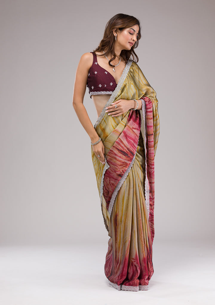Maroon Printed Semi Crepe Saree
