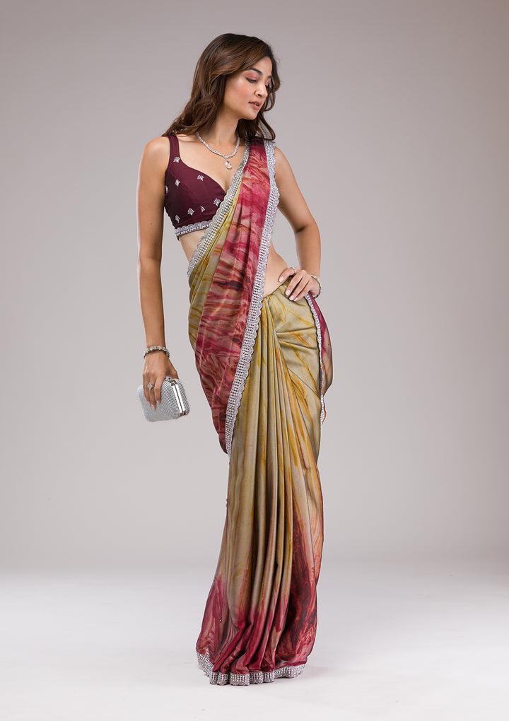 Maroon Printed Semi Crepe Saree