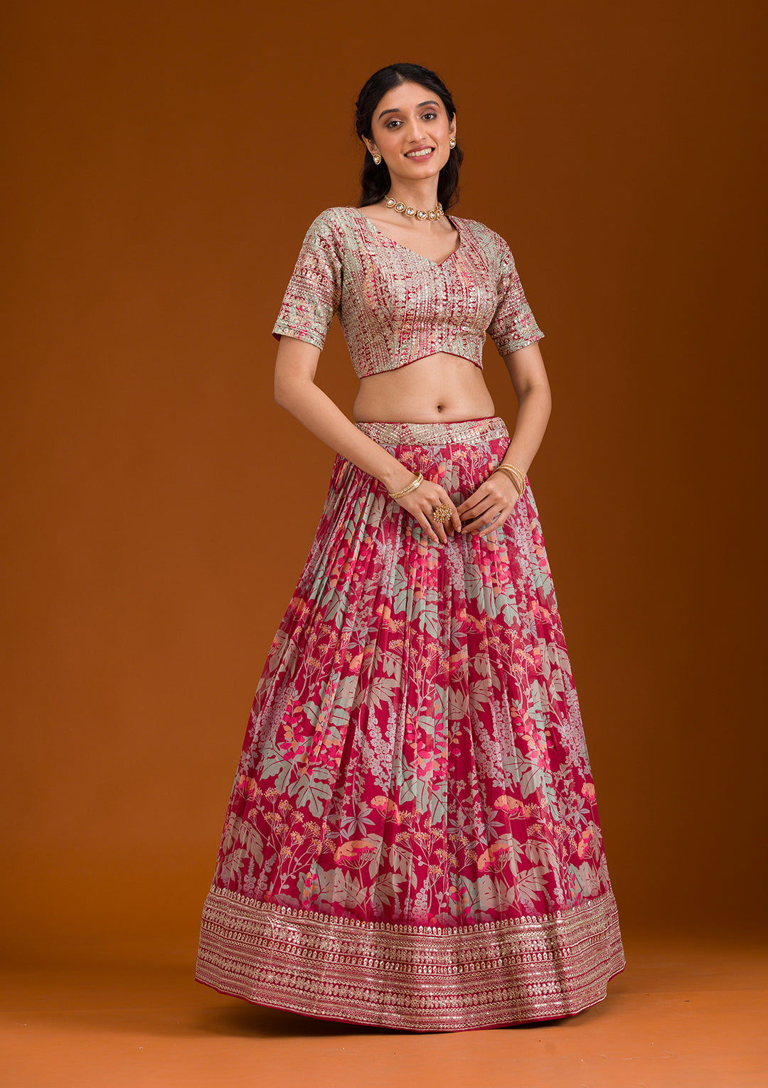 Maroon Printed Georgette Readymade Lehenga