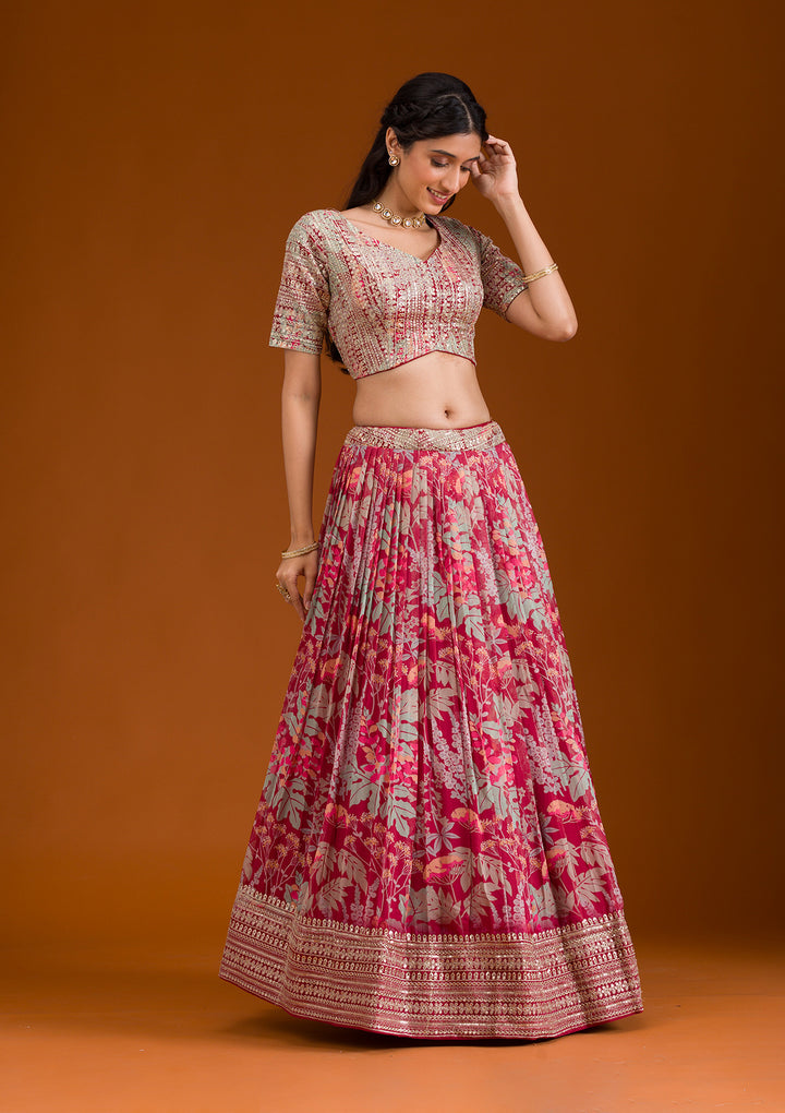 Maroon Printed Georgette Readymade Lehenga