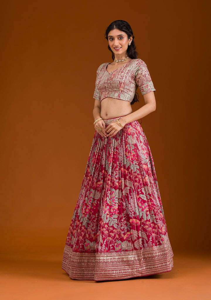 Maroon Printed Georgette Readymade Lehenga