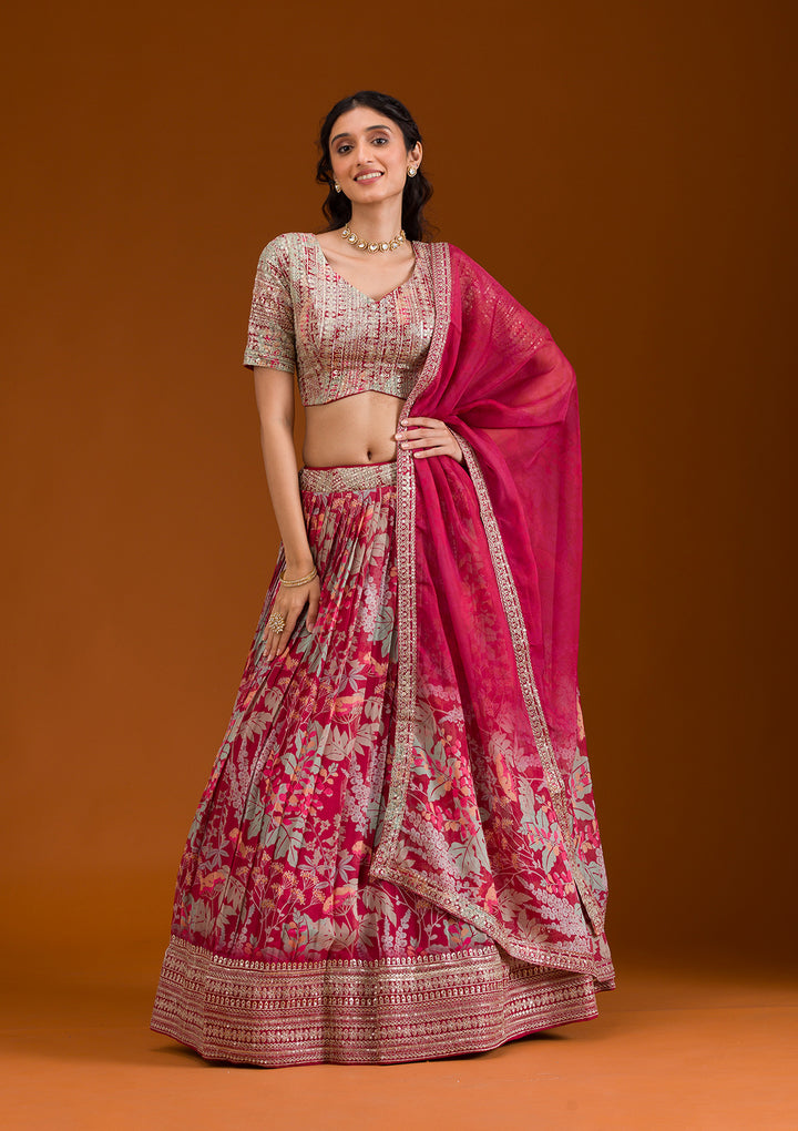 Maroon Printed Georgette Readymade Lehenga