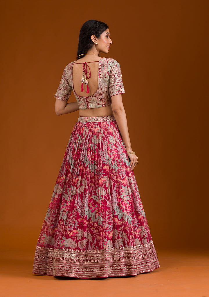 Maroon Printed Georgette Readymade Lehenga