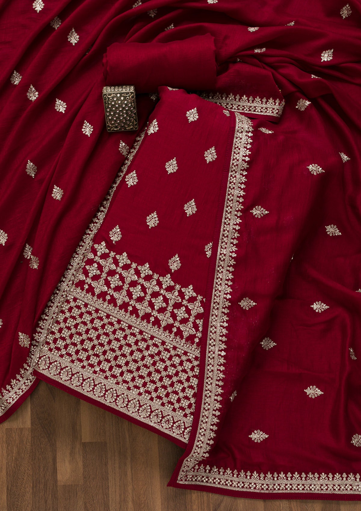 Maroon Zariwork Art Silk Unstitched Salwar Suit-Koskii