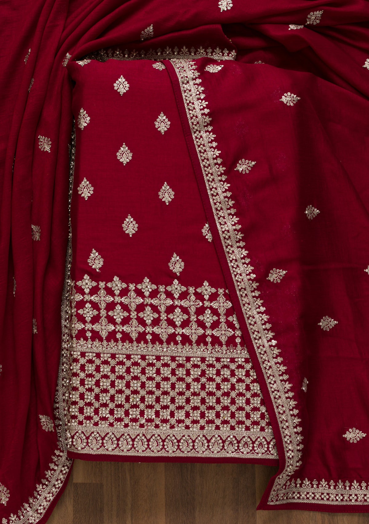Maroon Zariwork Art Silk Unstitched Salwar Suit