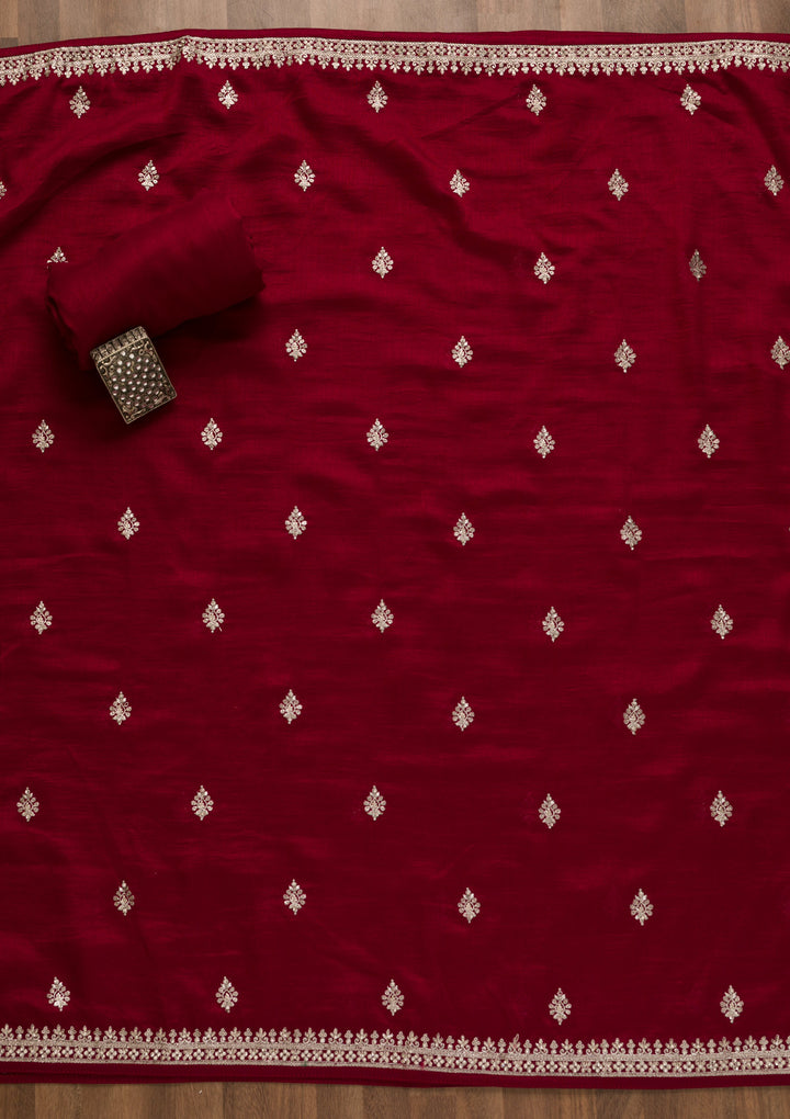 Maroon Zariwork Art Silk Unstitched Salwar Suit
