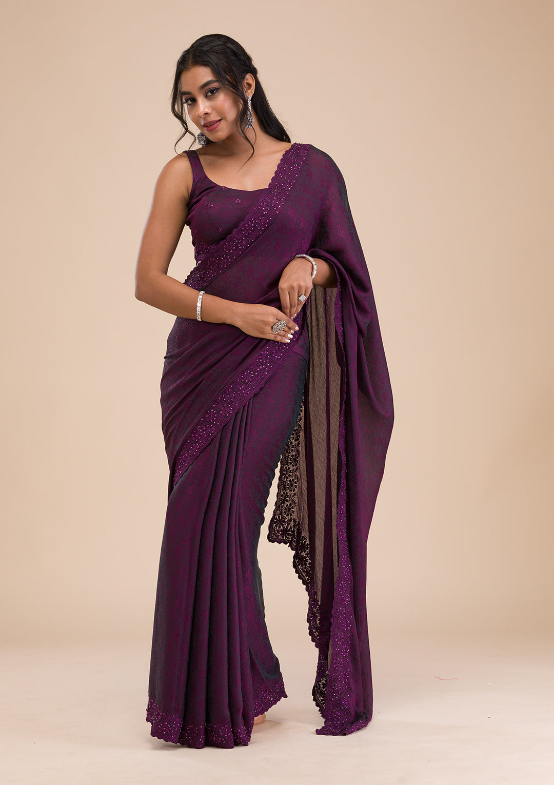Wine Printed Georgette Saree