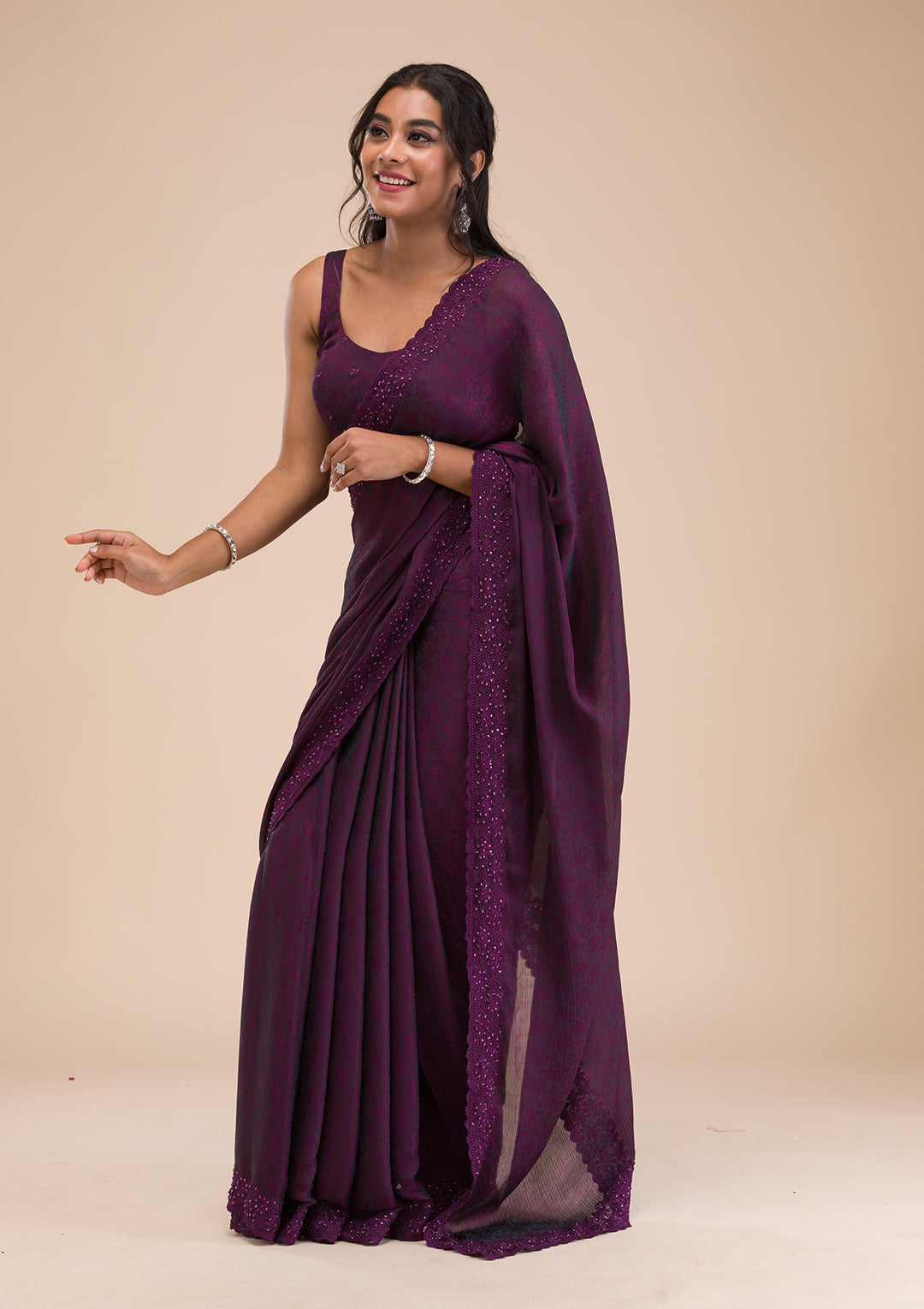 Wine Printed Georgette Saree