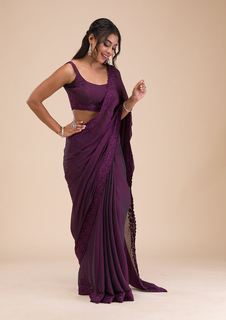 Wine Printed Georgette Saree