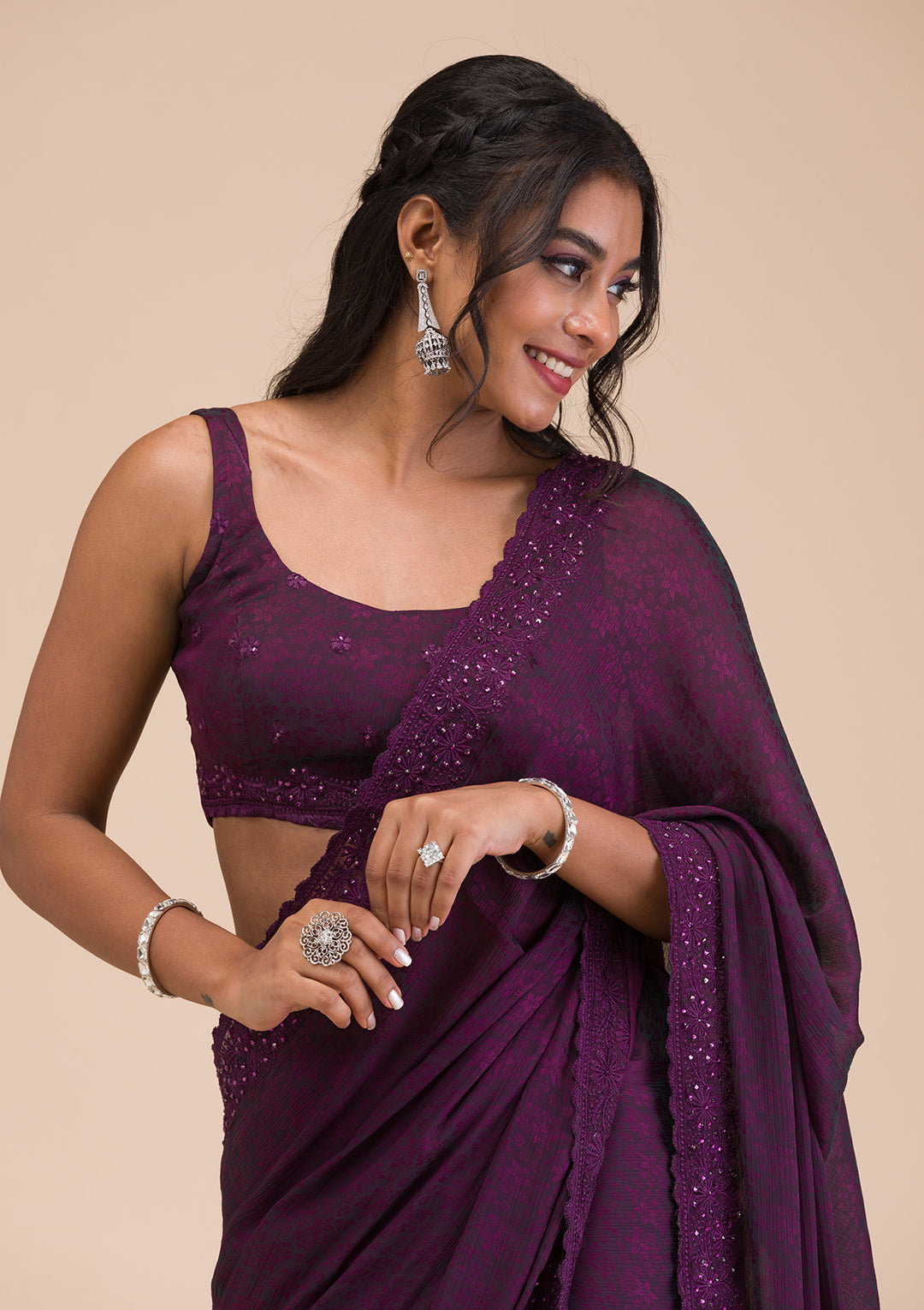 Wine Printed Georgette Saree