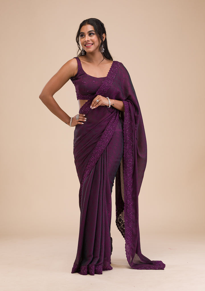 Wine Printed Georgette Saree