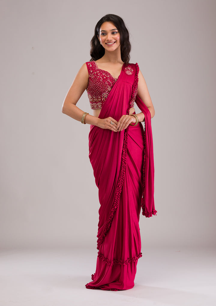 Maroon Stonework Lycra Readymade Saree