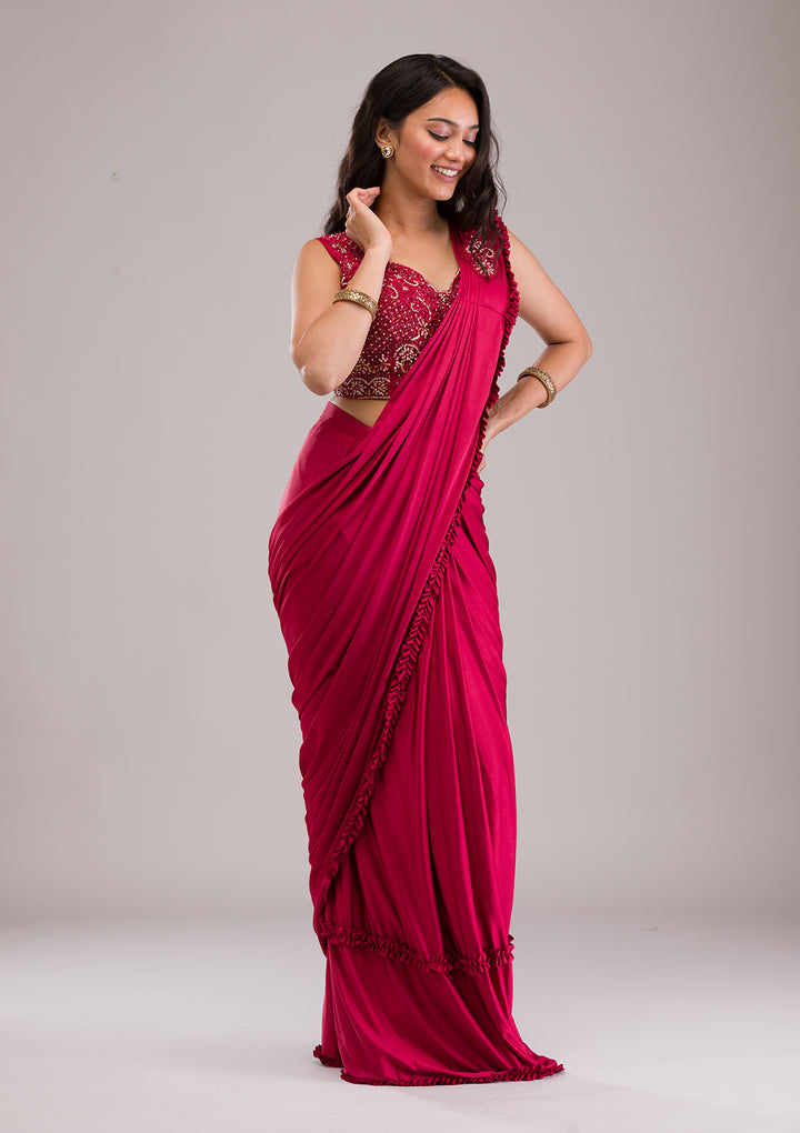 Maroon Stonework Lycra Readymade Saree