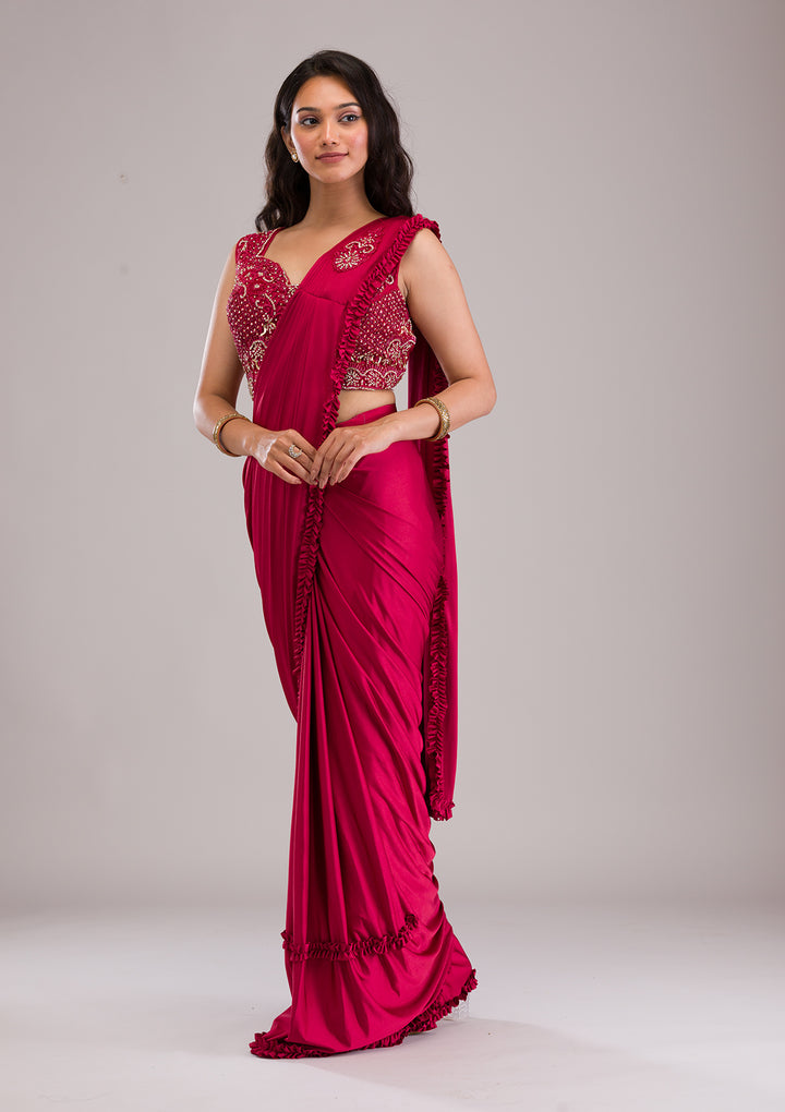 Maroon Stonework Lycra Readymade Saree
