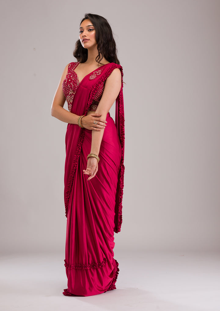 Maroon Stonework Lycra Readymade Saree