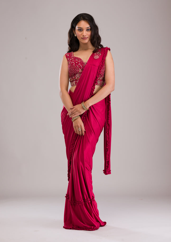 Maroon Stonework Lycra Readymade Saree