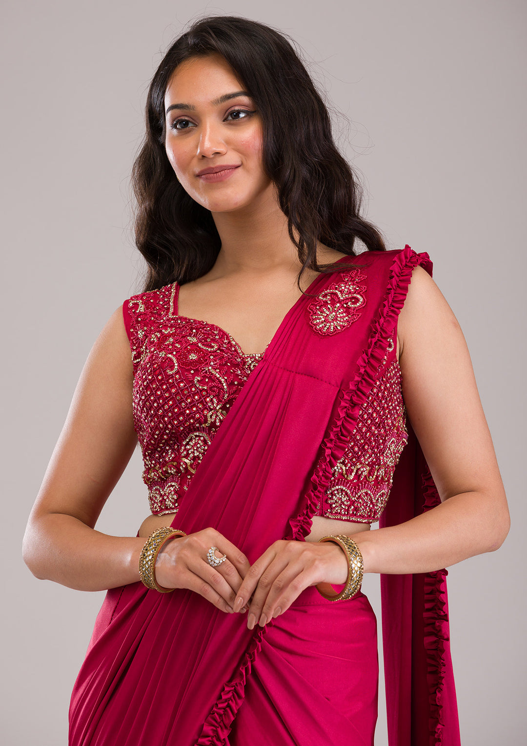 Maroon Stonework Lycra Readymade Saree
