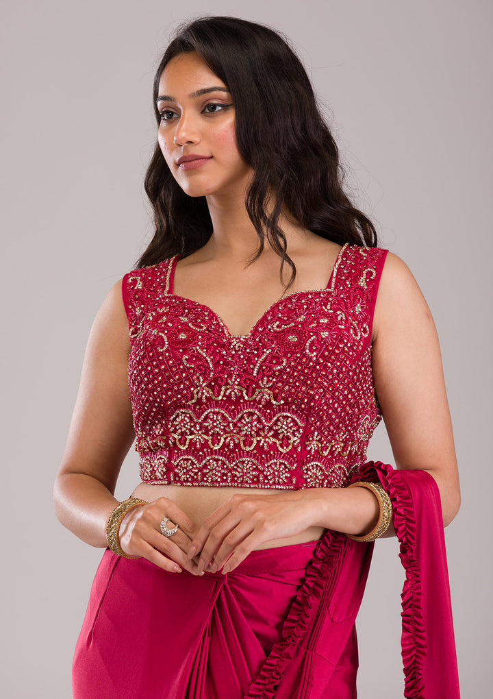 Maroon Stonework Lycra Readymade Saree