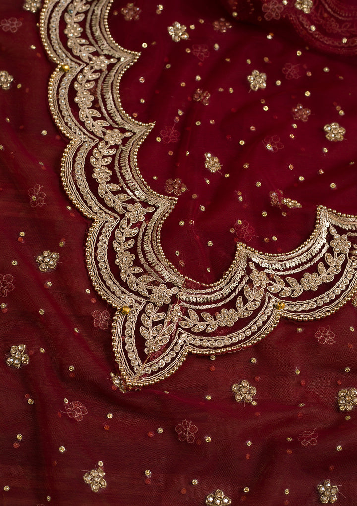 Maroon Stonework Net Dupatta