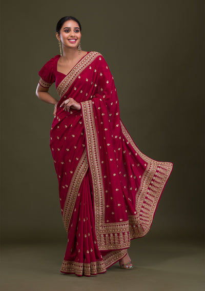 Maroon Stonework Raw Silk Saree-Koskii