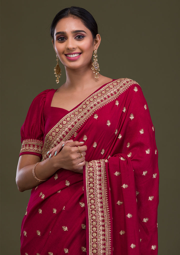 Maroon Stonework Raw Silk Saree