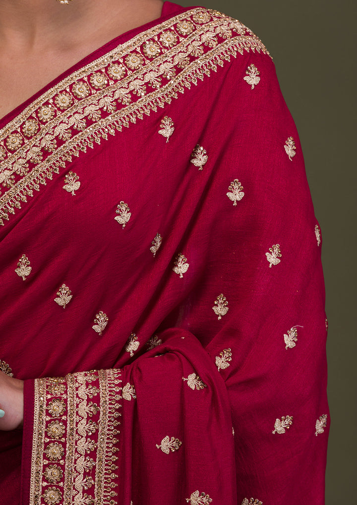 Maroon Stonework Raw Silk Saree