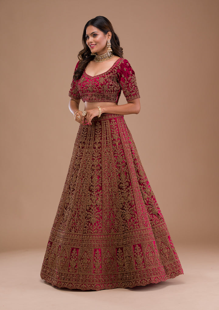 Maroon Stonework Velvet Semi Stitched Lehenga