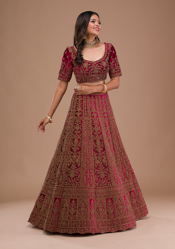 Maroon Stonework Velvet Semi Stitched Lehenga