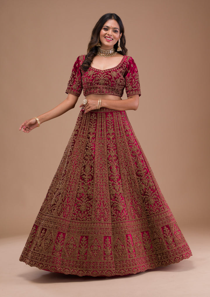Maroon Stonework Velvet Semi Stitched Lehenga