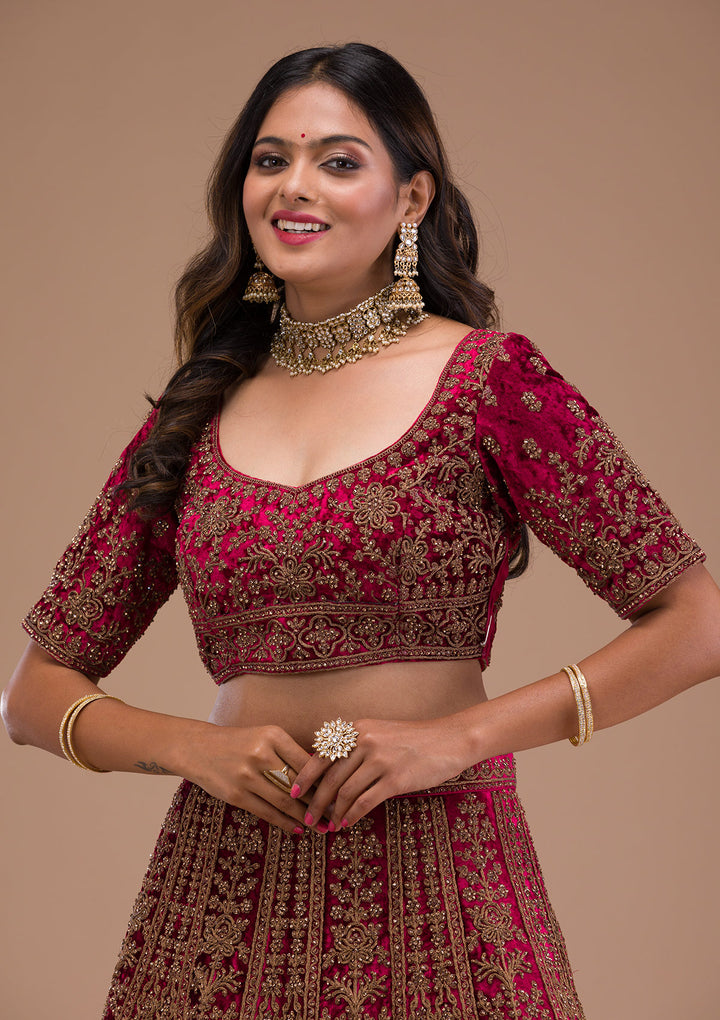Maroon Stonework Velvet Semi Stitched Lehenga