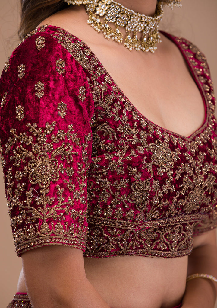 Maroon Stonework Velvet Semi Stitched Lehenga
