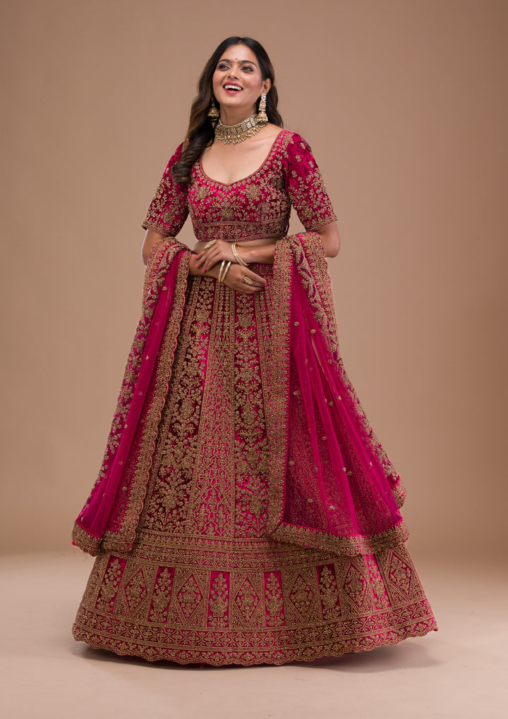Maroon Stonework Velvet Semi Stitched Lehenga