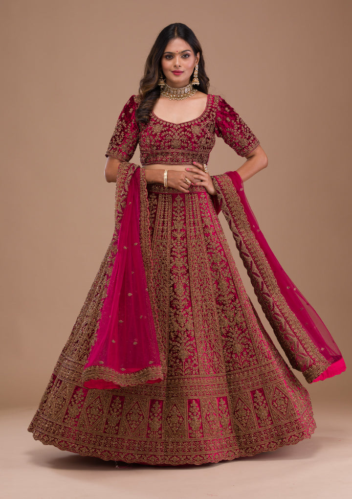 Maroon Stonework Velvet Semi Stitched Lehenga