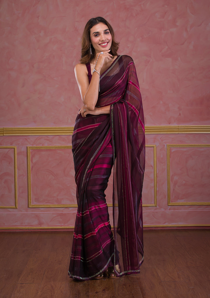 Maroon Swarovski Satin Designer Saree
