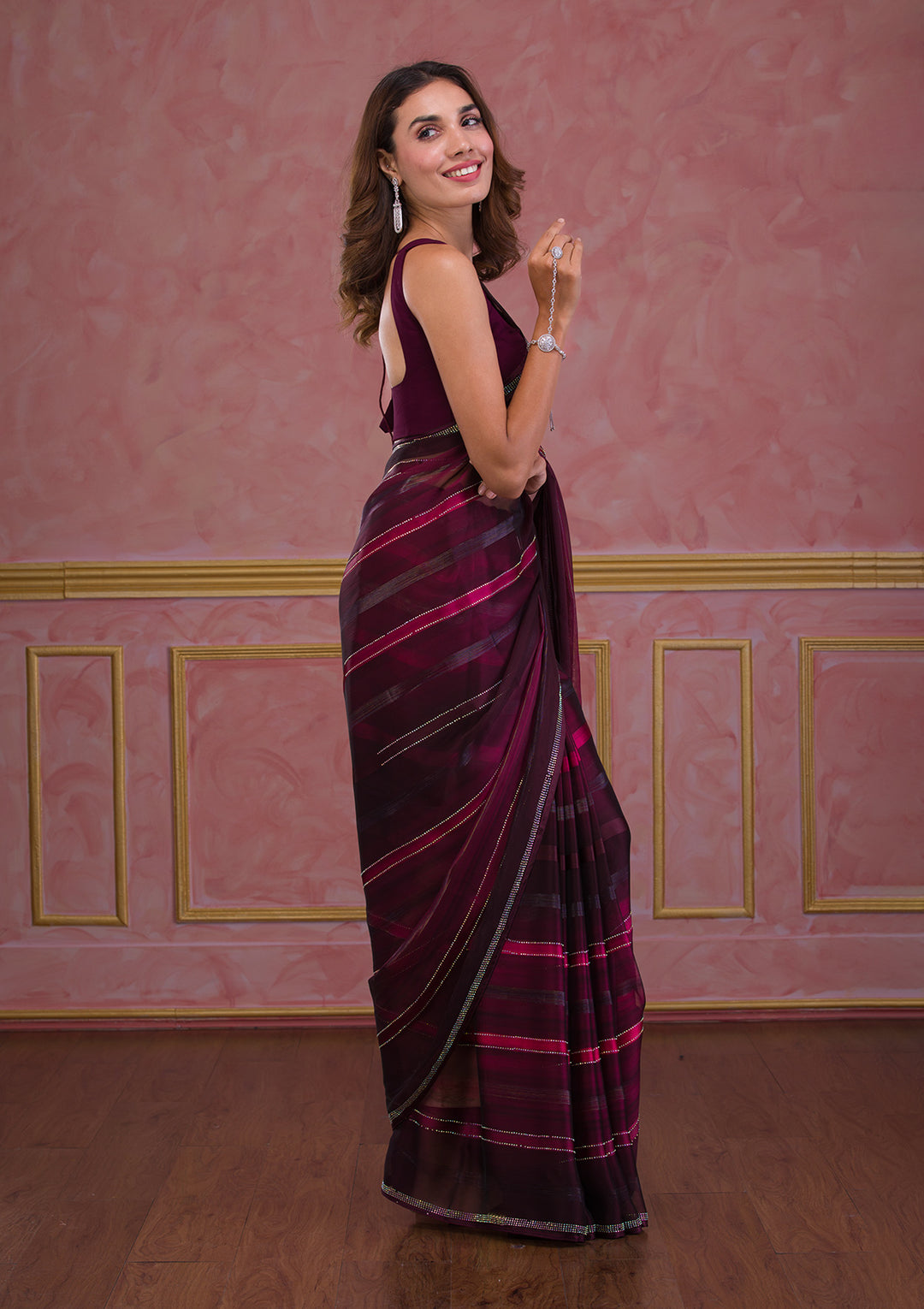 Maroon Swarovski Satin Designer Saree