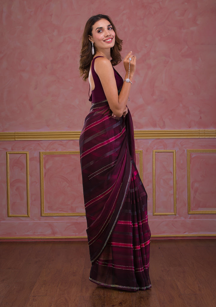 Maroon Swarovski Satin Designer Saree