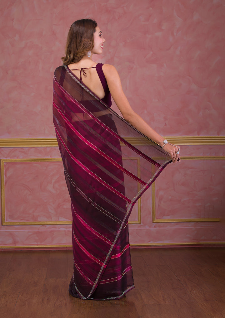 Maroon Swarovski Satin Designer Saree