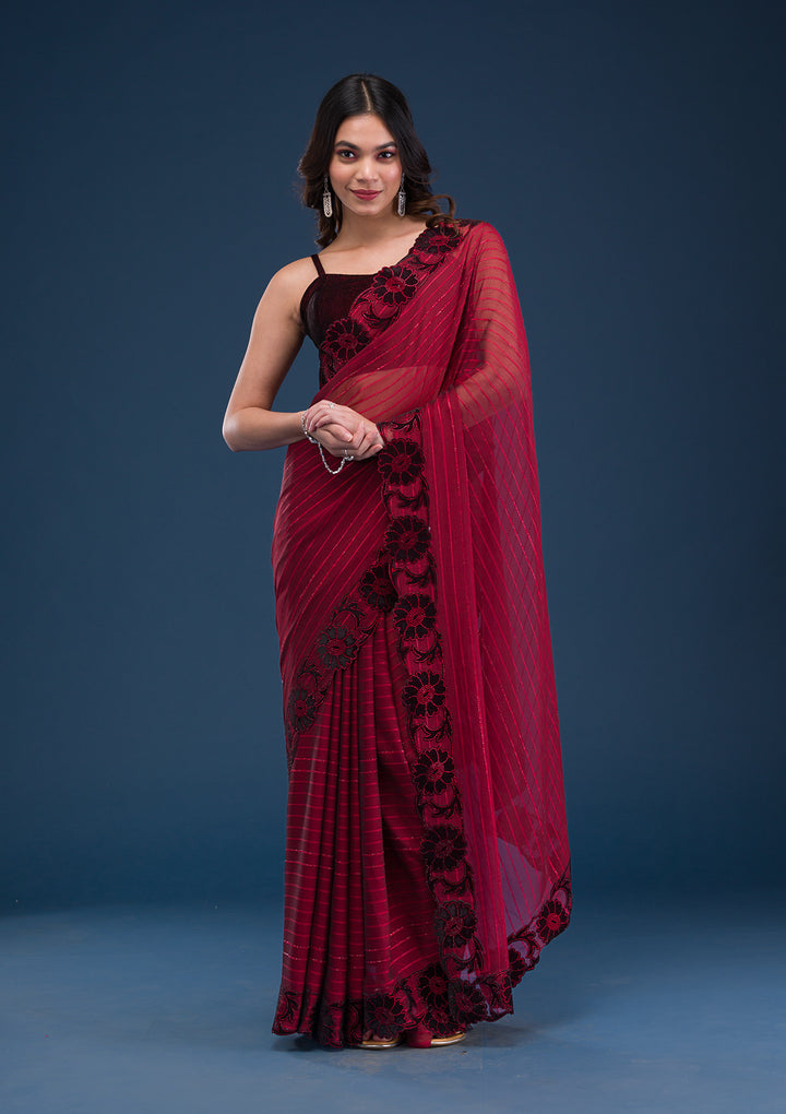 Maroon Swarovski Satin Saree