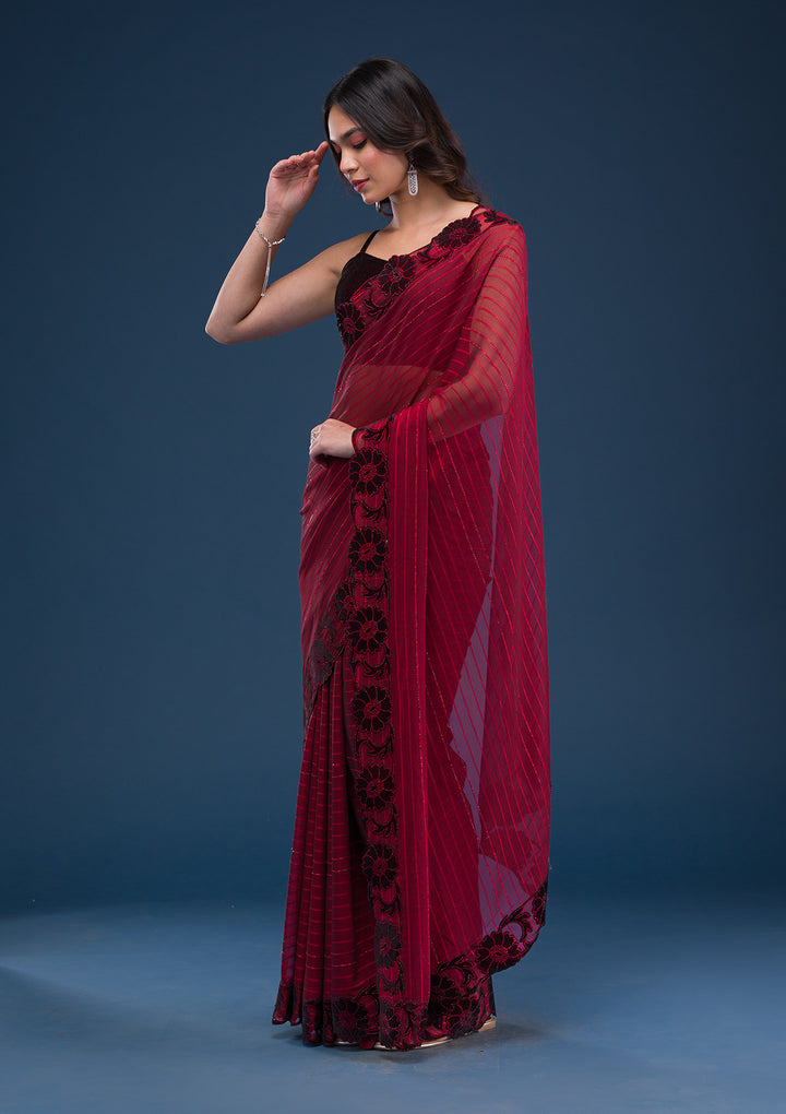 Maroon Swarovski Satin Saree