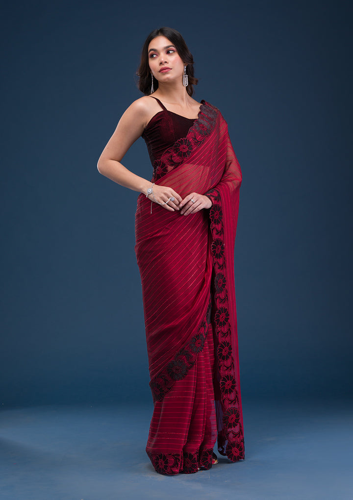 Maroon Swarovski Satin Saree