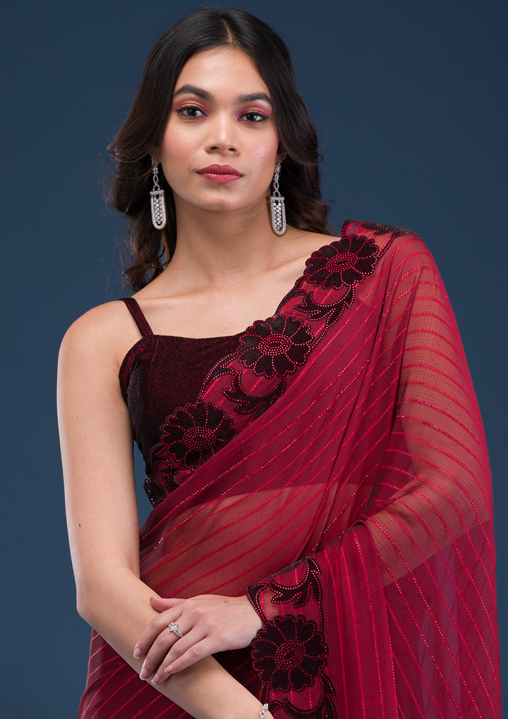 Maroon Swarovski Satin Saree