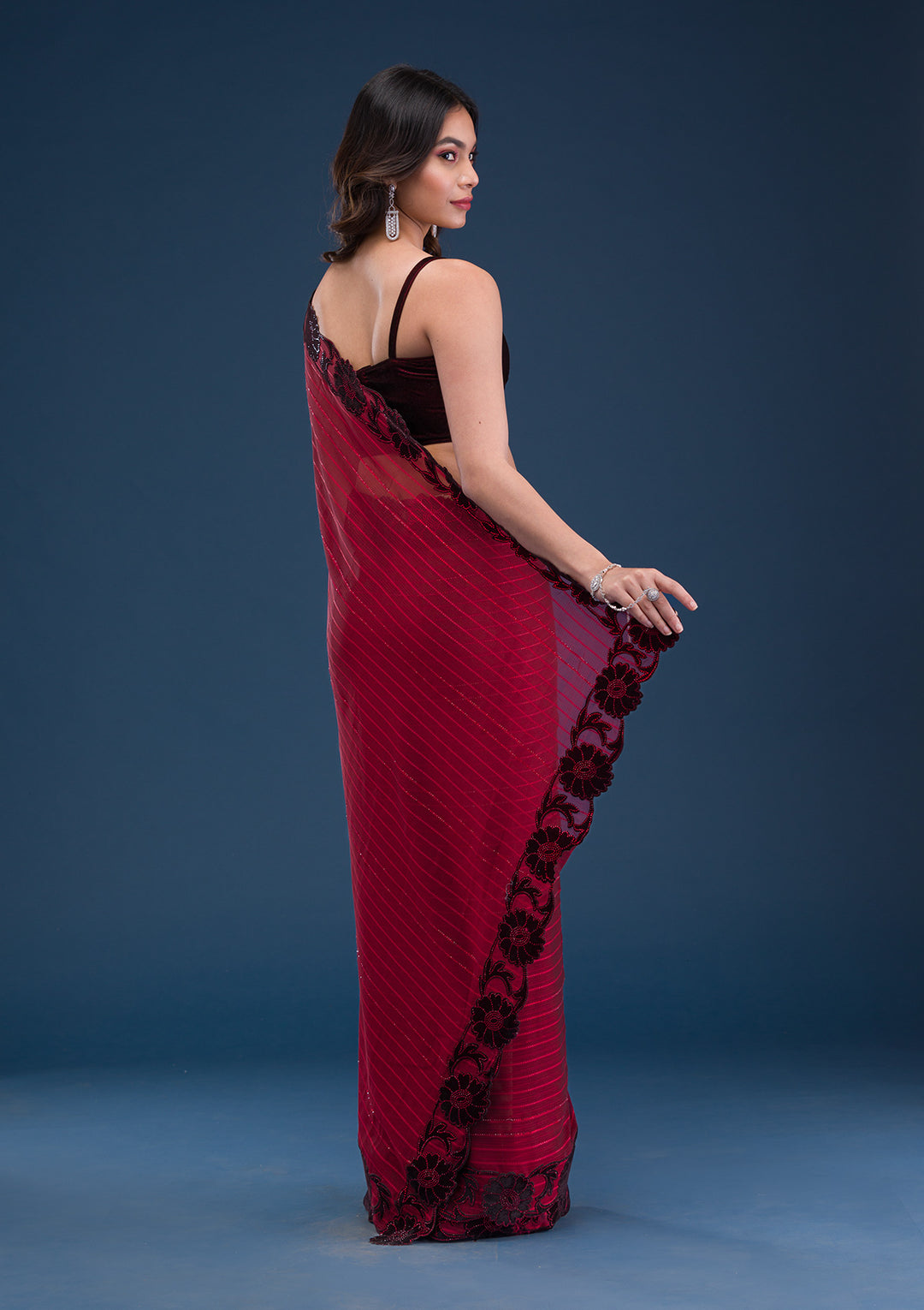 Maroon Swarovski Satin Saree