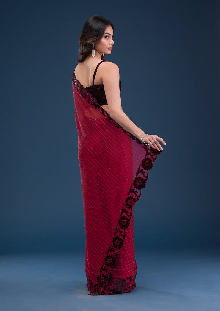 Maroon Swarovski Satin Saree