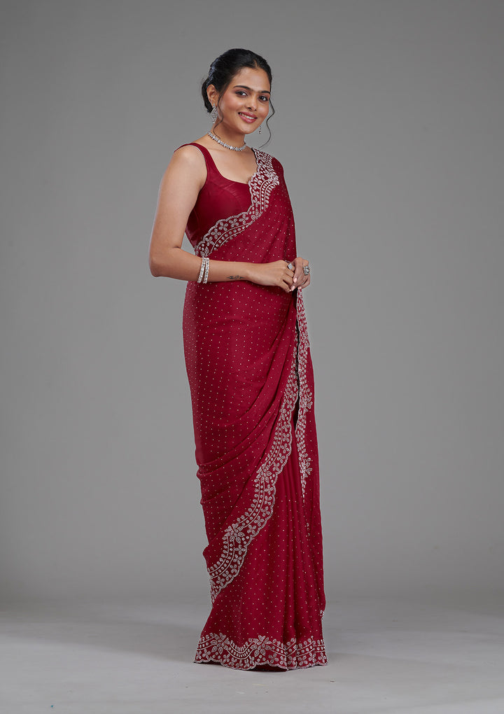 Maroon Swarovski Satin Saree