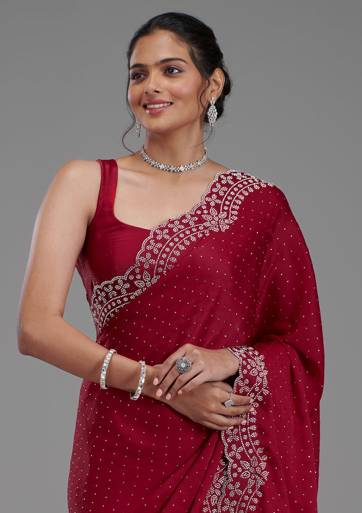 Maroon Swarovski Satin Saree