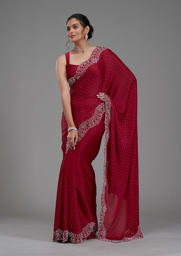 Maroon Swarovski Satin Saree