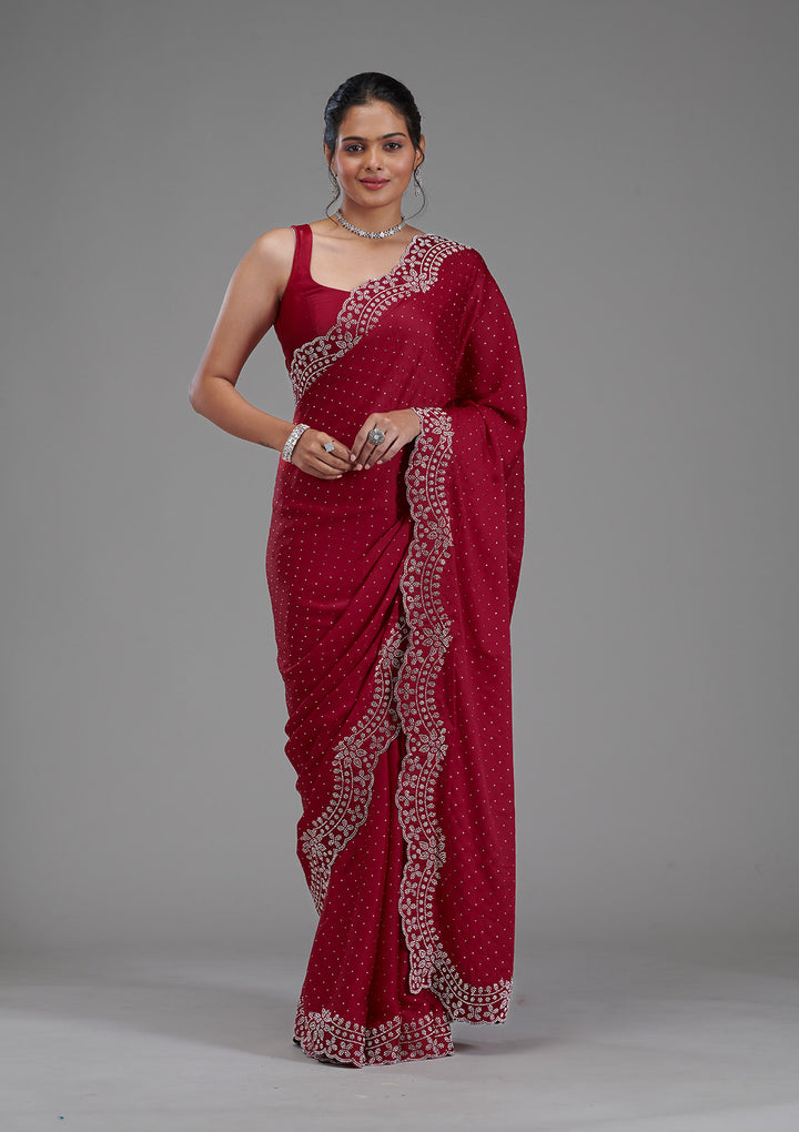 Maroon Swarovski Satin Saree