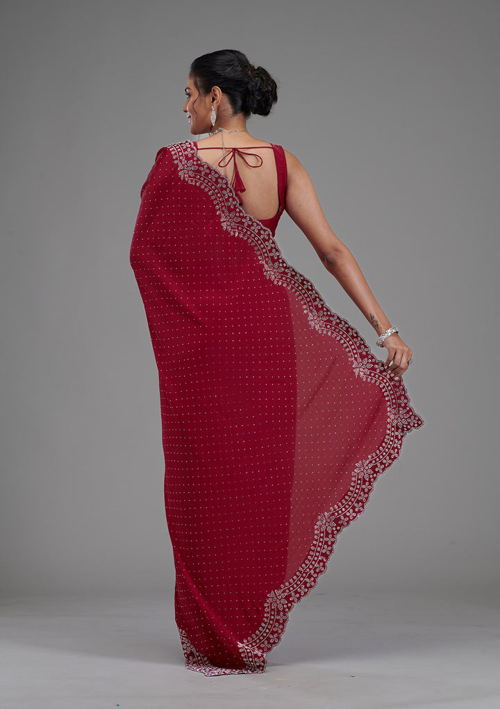 Maroon Swarovski Satin Saree