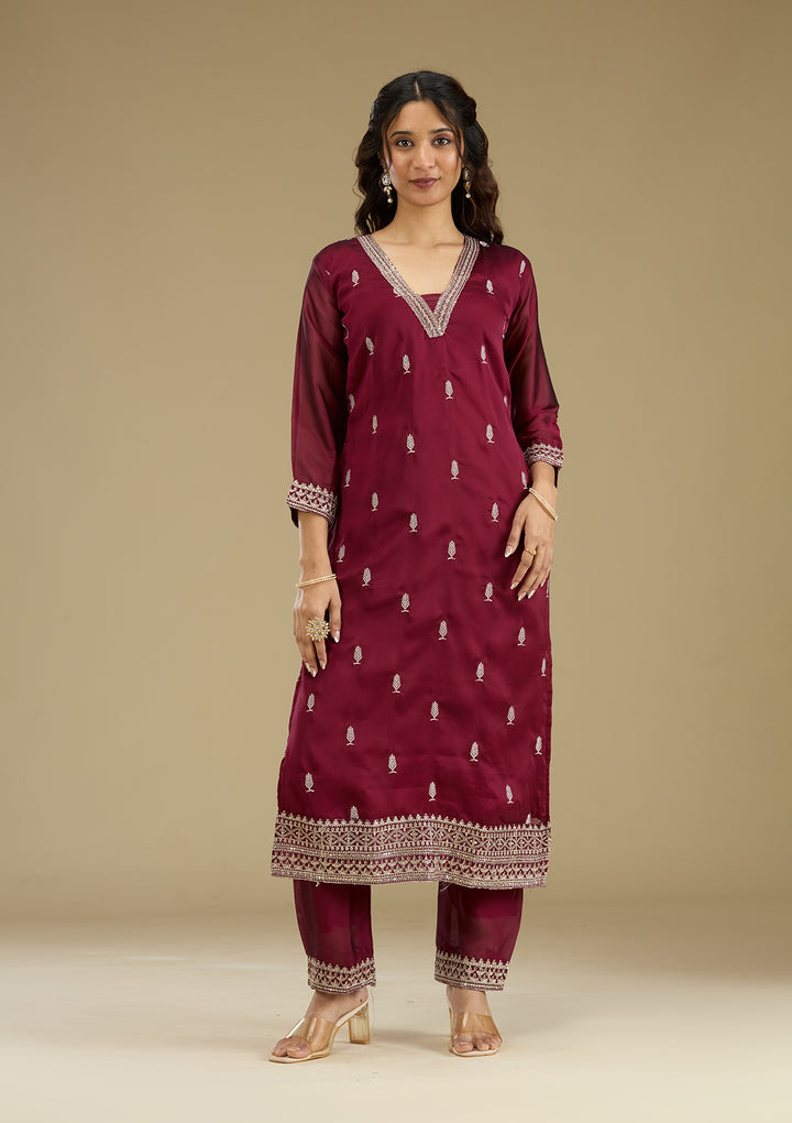 Maroon Threadwork Art Silk Readymade Salwar Suit