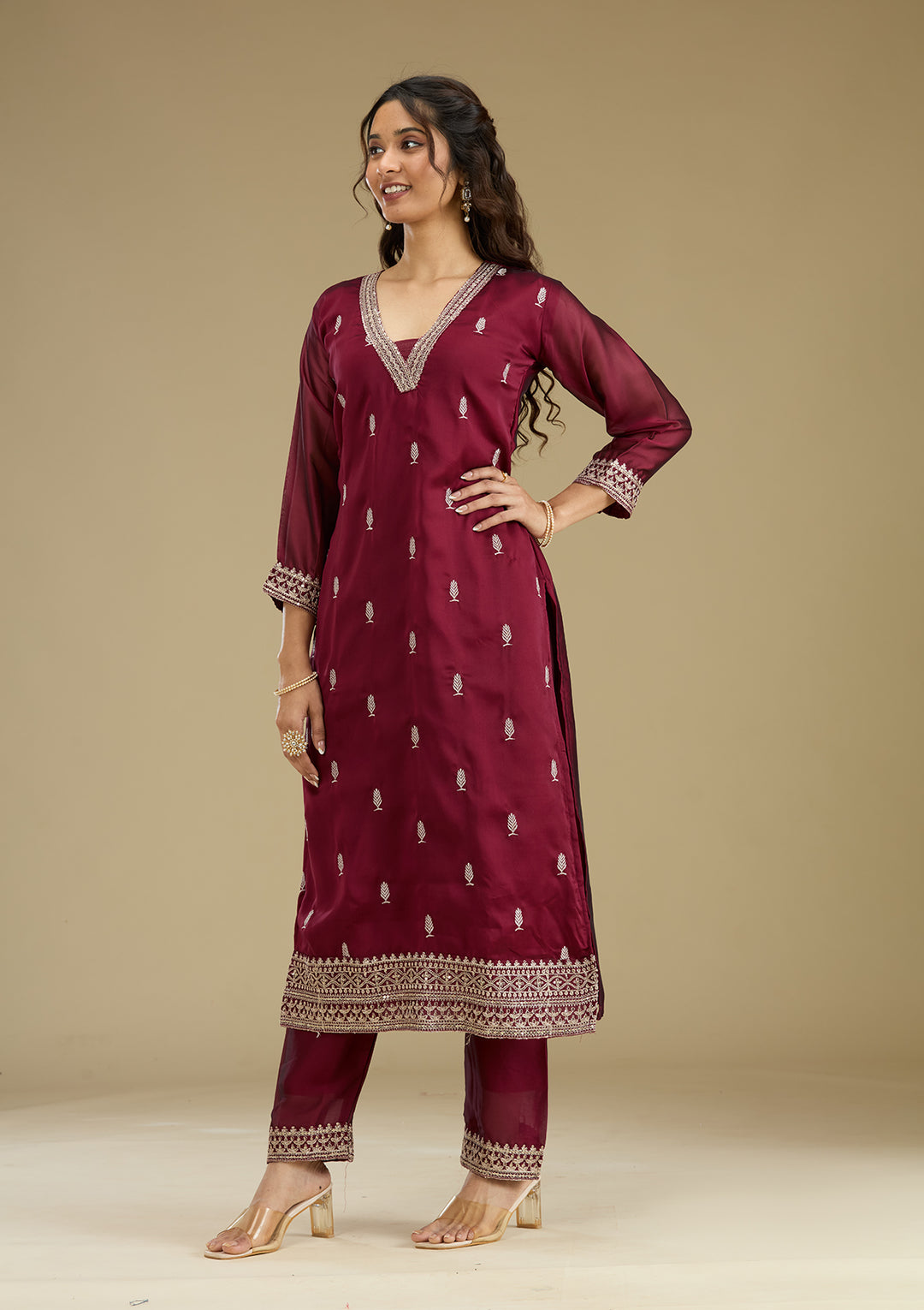 Maroon Threadwork Art Silk Readymade Salwar Suit